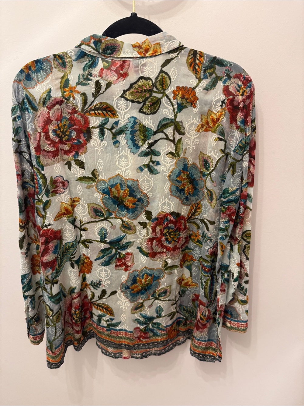 Johnny Was Sheer Floral Button-Down Blouse in Blue and Red - Picture 3 of 3
